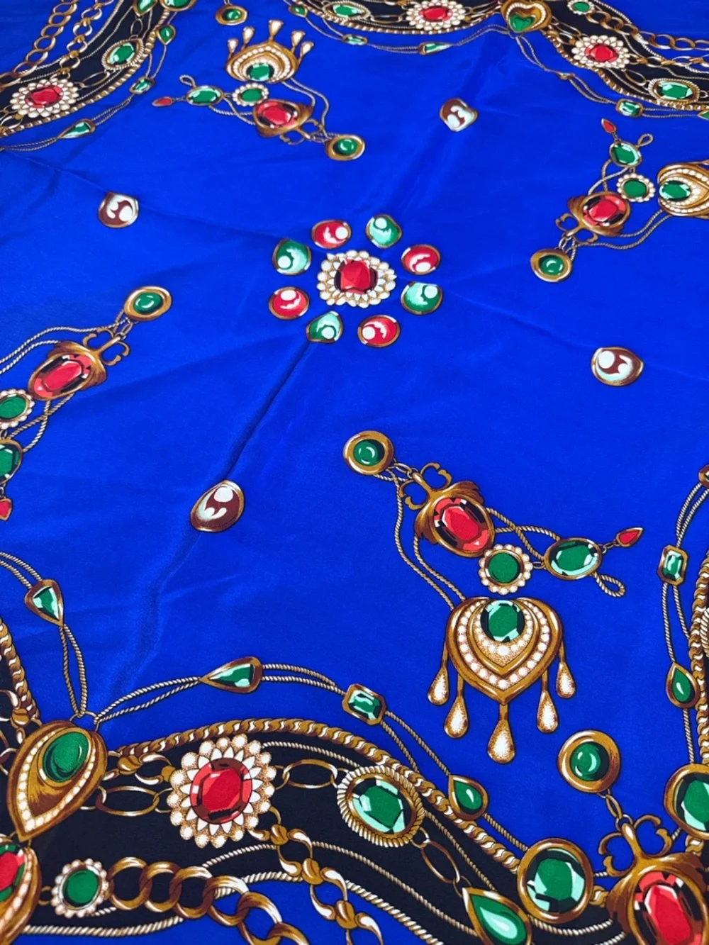 Vintage Style Blue Satin Scarf Top Jewel‎ Chain Print Festival Boho 34x34